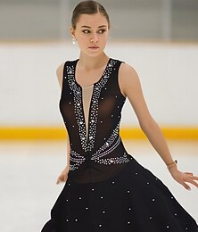 preiswerte -Eiskunstlaufkleid Damen Mädchen Eislaufen Kleid Schwarz Patchwork Netzstoff Hohe Elastizität Training Wettbewerb Eiskunstlaufkleidung Klassisch Kristall / Strass Ärmellos Eislaufen Eiskundstlauf