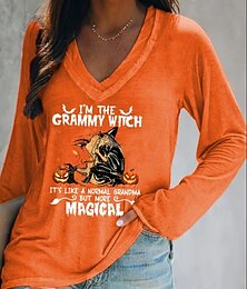 abordables -T-shirt Halloween Femme Sorcière Manches Longues Col V Manches Longues Graphique Lettre Vintage Élégant Western Tops Quotidien Week-end Vêtements de Vacances Imprimé Noir Blanc Bleu Orange Printemps