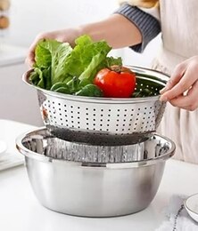 お買い得  -多機能おろし金 ステンレススチール 3点セット 野菜とチーズシュレッダー 米洗いと水切り付き ザルボウル キッチン 食品準備ツール ホームアクセサリー