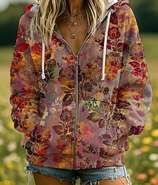 abordables -Sudadera con capucha bohemia vintage de impresión 3D para mujer sudadera de parcheo cierre floral moda casual de manga larga con capucha ropa diaria de calle parcheo bolsillo con cremallera rojo azul