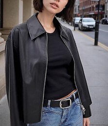 abordables -Mujer Chaqueta de cuero sintético Chaqueta casual Cómodo Cremallera Moda Plano Noche Casual Diario Cremallera Regular Cuello Vuelto Ajuste regular Manga Larga Ropa de calle Negro Otoño Invierno