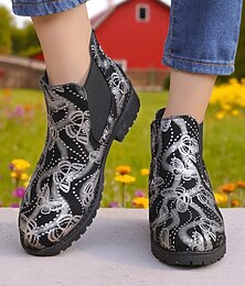 abordables -Botines negros para mujer con estampado de mariposas plateadas: botines Chelsea de tacón bajo, informales y elegantes, ideales para el trabajo, las compras y el aire libre.