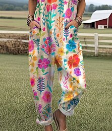 preiswerte -Damen Latzhose Aktiv Blumen Ärmellos Ärmellos Gerade Quadrathals Tasche mit Tasche Täglich Strand Lässiger Schnitt Weiß Rosa Purpur Sommer