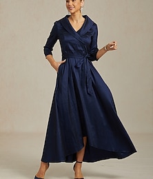 abordables -Femmes Robe Maxi Robe de Soirée Élégant ancien Coupe régulière Couleur Unie Manche 3/4 Col en V bleu marine Automne Hiver