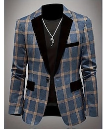 Недорогие -Муж. Пиджак Воротник с вырезом На каждый день В клетку Blazer Пыльно-синий Узкий крой Однобортный с 1 пуговицей