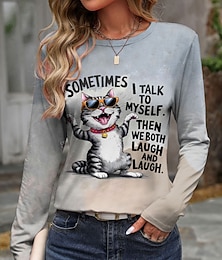 economico -T-shirt da donna a maniche lunghe grafica animale gatto vintage moda elegante a maniche lunghe a collo rotondo regolare top quotidiani stampa grigia primavera autunno pre-autunno