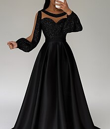 voordelige -A-lijn Tot de grond Galajurken Avondjurken Baljurk  Formele kleding Elegant Zijdeachtig Lange mouw Illusie Hals Formeel Bruiloft Champagne moeder van de bruid jurk Satijn met Glitter Plooien