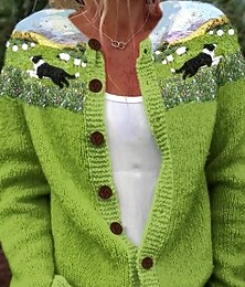 abordables -Pull cardigan pour femmes en tricot avec boutons à l'avant col rond manches longues léger féminin quotidien animal col à crew col en V impression avec boutons longs hauts tricot extérieur week-end