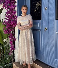 economico -abiti da cocktail a trapezio con paillettes eleganti abiti formali da sposa lunghezza tè maniche lunghe spalle scoperte pizzo con dettagli arricciati 2025