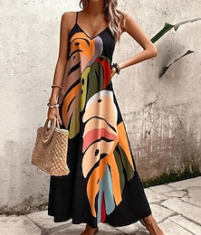 economico -Per donna Abito Lungo Maxi Abito Abito Estivo Abito Sottoveste Moda Moderno Quotidiano Spiaggia Weekend Vestibilità regolare Foglia Tropicale Senza Maniche Scollo a V Nero Estate Primavera