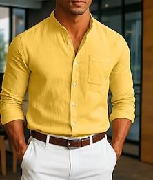 economico -Per uomo Camicia Camicia di lino Camicia con Bottoni Semplice Vacanza Casuale Nero Bianco Giallo Blu marino Manica Lunga Colletto alla coreana Estate Autunno Abbigliamento Tasca