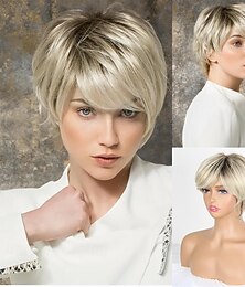 levne -krátké vlasy paruky pro ženy blond paruka s ofinou paruka pixie střih s blond melírem rozcuchané vlny/smíšené a hnědé odstíny s kořeny (odstíny blond, bílé a hnědé)