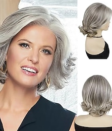 economico -parrucca da donna a caschetto corto grigio argento a strati, dall'aspetto naturale, capelli sintetici realistici, resistente al calore, riga laterale, elegante, stile alla moda per tutti i giorni