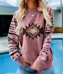 baratos -Mulheres Moletom Moletons Gráfico Geométrica Tribal Moda Casual Manga Longa Gola Redonda Decote Redondo Tops regulares Rua Dia a Dia Imprimir Rosa Azul Roxo Primavera Outono Inverno