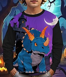 abordables -Víspera de Todos los Santos Chico 3D Caricatura Dinosaurio Camiseta Manga Larga Primavera Otoño Moda Básico Niños 4-12 años Cuello Barco Exterior Casual Diario Ajuste regular