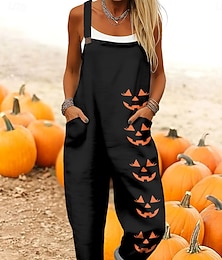 abordables -Mono de Halloween para mujer, activo, gráfico, sin mangas, pierna ancha, bolsillos, botones, vacaciones, Halloween, corte holgado, negro, blanco, morado, verano