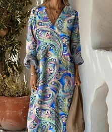 economico -Per donna Abito Midi Vestito Estivo Abito a trapezio Vacanza Casual Boho Feste Ferie Spiaggia Vestibilità comoda Floreale Grafico Geometrico Manica Lunga Scollo a V Nero Blu Arancione Verde Estate