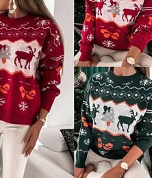 billiga -Dam Tröja Ledigt Julren Ribbad Rund hals Stickat Mönster Långärmad Vanliga toppar Sticka Jul Dagligen Helgdag Rubinrött Grön Vinter