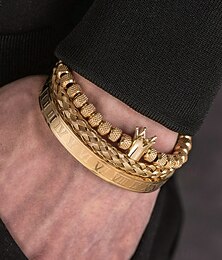 economico -set di bracciali da uomo in acciaio inossidabile dorato: bracciale a 3 pezzi con corona di perline, polsino intrecciato e bracciale con numeri romani per abiti alla moda, feste e occasioni speciali