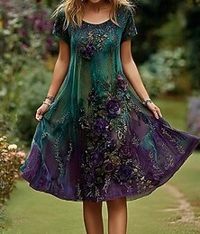 economico -Per donna Abito Midi Vestito Casual Abito Estivo Moda All'aperto Feste Ferie Vestibilità regolare Fiore Manica Corta Girocollo Verde Estate