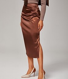 abordables -Falda midi de satén perlado elástico con cintura elástica para mujer, elegante para oficina &ropa de fiesta