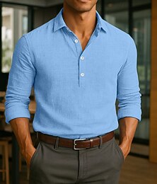 preiswerte -Herren Hemd Leinenhemd Sommerhemd Strandbekleidung Einfach Urlaub Lässig Schwarz Weiß Blau Grün Langarm Revers Sommer Frühling Bekleidung Rein