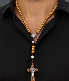 economico -collana rosario in legno da uomo con medaglia di San Benedetto e crocifisso – rosari cattolici per il culto religioso, la riflessione spirituale e la devozione quotidiana