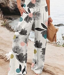 abordables -Femmes Pantalon en coton et lin Jambe large Chinos Vacances Mode Occasionnel Longueur complète Taille haute Fleuri Avec Poches Ceinture Élastique Imprimé Confortable Doux Micro-Élastique Extérieur