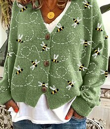 abordables -Cardigan pour femmes en tricot côtelé devant boutonné col en V manches longues léger élégant streetwear graphique géométrique impression de boutons tops tricotés pour l'extérieur quotidien week-end