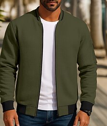 お買い得  -男性用 ワッフルジャケット ボンバージャケット 家 ワーク ポケット ミニマリスト 秋 オールシーズン 純色 活発的 日常 スタンド レギュラー ダークグレー ブラック バーガンディー ネイビーブルー グリーン ジャケット