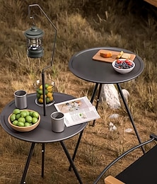 abordables -Mesa portátil negra para exteriores con soporte de lámpara: plegable, construcción de hierro, estilo informal, incluye bolsa de almacenamiento, mesa pequeña para exteriores