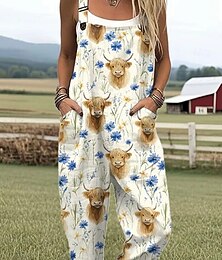 abordables -Femmes Salopette Actif Animal Sans manches Sans manches Jambe large Col carré Avec Poches avec poche Vacances Quotidien Coupe Ample Blanche Jaune Violet Été