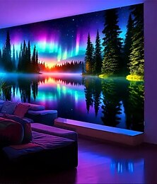 economico -arazzo da parete con sfondo di aurora boreale e riflessi sul lago, arte murale 3D per un'atmosfera serena e moderna, perfetto per soggiorno, ufficio o spazio di meditazione
