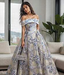 economico -Abiti da prom in broccato jacquard A-Line abito elegante per ospiti di matrimonio festa serale lunghezza fino al pavimento senza spalline maniche con stampa floreale