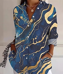 economico -Per donna Camicia Astratto Attivo Quotidiano Elegante Manica Lunga Colletto a Camicia Top Regolari Quotidiano Ferie Bottoni Stampato Blu Primavera Autunno