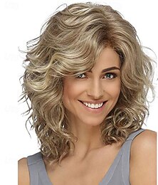 abordables -Perruques blondes bouclées mi-longues pour femmes blanches, perruques courtes ondulées en couches, perruques blondes en cheveux synthétiques pour cosplay de fête quotidien