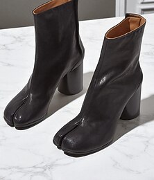 economico -stivali da donna in similpelle marrone tabi a metà polpaccio - stivaletti con punta divisa e tacco spesso con cerniera laterale, stile moderno minimalista per eventi di moda, abbigliamento casual e