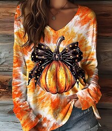 abordables -T-shirt Femme Halloween Imprimé Citrouille Graphique Vintage Élégant Décontracté Manches Longues Col V Tops Standards Quotidien Week-end Imprimé Noir Jaune Orange Marron Printemps Automne