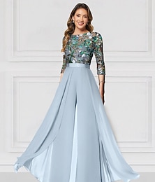 preiswerte -Blumiger Jumpsuit Bestickte Mutter der Braut Formelles Hochzeitskleid Elegantes Vintage-Irritationsdekolleté Bodenlang Chiffon Halber Ärmel mit Pailletten Renntag Kleid