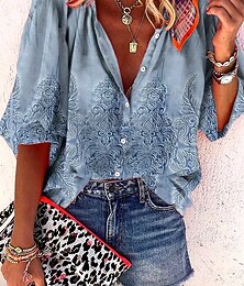 olcso -Womens Nyári Felsők Virágos Grafika 3D Bohémia Vintage Napi 3/4 Hosszú Ujjú Fél Ujjú V Nyak Normál Felsők Napi Ünnep Strandruha Ráncolt Hímzett Nyomtatás Denim Kék Tengerész Kék Világoskék Nyár