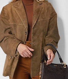 abordables -Mujer chaqueta Cómodo Transpirable Bolsillo Vintage Casual Plano Oficina Calle Casual Ropa Cotidiana Botonadura Simple Regular Cuello Vuelto Holgado Manga Larga Ropa de calle Negro Marrón Caqui