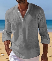 economico -Per uomo Camicia di lino Camicia con colletto alla coreana Camicia popover Camicia casual Camicia da Spiaggia Semplice Vacanza Ferie Nero Bianco Rosa Arancione Manica Lunga Henley Estate Primavera