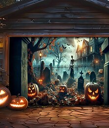 お買い得  -Halloween タペストリー ガレージドアカバー 大きな吊り下げ カボチャ 墓地 ダークパンクゴシック パーティー 屋外 撮影背景 玄関 装飾壁ドア背景