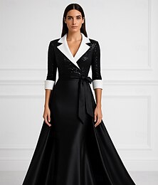 economico -Abito da Sera A-Line Nero e Bianco con Paillettes Abito Elegante Blazer Formale Matrimonio Lunghezza fino al Pavimento Manica 3/4 Collo Camicia Tasca Raso con Fiocco(e) Perline