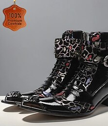 abordables -Homme Bottes Bottes de motard Rétro Marche Cuir Cuir Verni Cuir de vache pleine fleur italien Confortable Antidérapant Chaud Bottes Mi-Mollet Fermeture éclair Boucle Noir Automne Hiver