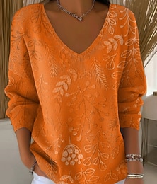 abordables -Femmes Pull Occasionnel Doux Fleuri Côtelé Col en V Tricoté Imprimé manche longue Hauts Réguliers Tricoter Extérieur Quotidien Week-end Jaune Orange Automne Hiver