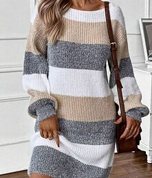 preiswerte -Damen Pullover Pullover Kleid Lässig Weich Gestreift Gerippt Rundhalsausschnitt Gestrickt Langarm Normale Oberteile Stricken Outdoor Täglich Wochenende Grau Herbst Winter