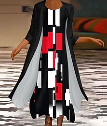 abordables -Femmes Robe Ensemble Robe Maxi Robe fourreau Robe d'été Occasionnel Graphique Géométrique Superposé Imprimé Robe maxi Manche 3/4 Col ras du cou Quotidien Blanche Rouge Printemps Automne Coupe