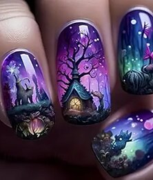 cheap -Halloween Press on Nails Medium Square Fake Nails Press Ons Purple Black False Nails with Witch Magic Forest Designs Full Cover Stick on Nails Fake Nail Glue on Nails for Women Girls 24 Pcs