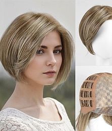 economico -parrucca da donna con mèches biondo castano, corta e liscia, dall'aspetto naturale, capelli sintetici realistici, resistente al calore, riga laterale, elegante, stile alla moda per tutti i giorni